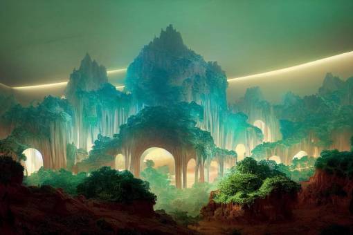 Massive cavern underground city on mars, bioluminescent crystal ceiling glowing like twinkling stars. Hanging gardens with green ivy. Moroccan style buildings, futurism, 8k, canals