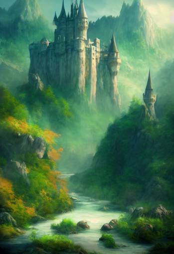 matte painting of a fantasy castle next to a river in a valley by artstation and DeviantArt