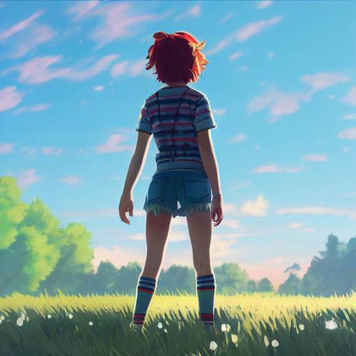 Max from Stranger Things, Sadie Sink as an anime style character, bright red hair whipping in the wind, striped shredded tank top, ripped and frayed blue jean short shorts, sumptuous, cute, Breath of the wild style, by studio Ghibli, unreal engine, octane rendering, realistic anime, hyper detailed, 4k, 8k, HD