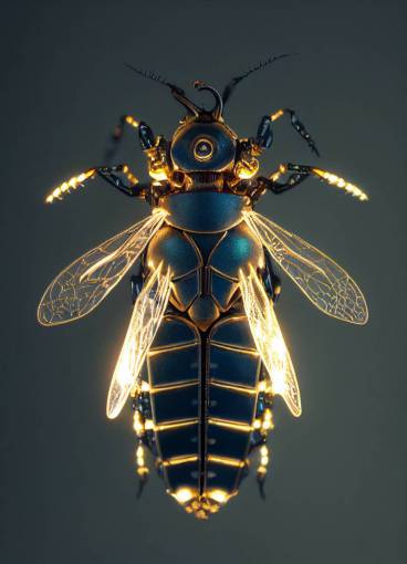 mechanical symmetrical steampunk wasp, high details nanopunk, led lights, bionic