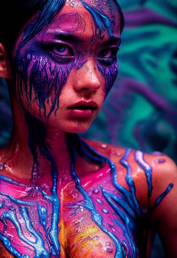 mid-length Photograph , intricate details, of a young woman Kobe Tai in wet body paint with alien skin pattern , insanely detailed, action hero, rave colours glow ,epic wide Hyborea background, modern, dramatic lighting, Award Winning photography, sharp focus