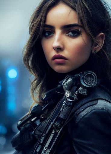 mid-length Photograph , intricate details, of Ana de Armas as a cyberpunk police, insanely detailed, clear skin, slim, epic wide Hyborea background, modern, portrait, dramatic lighting, Award Winning photography, sharp focus