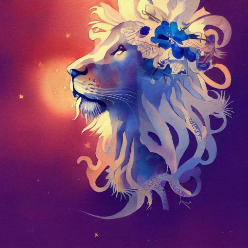 Minimalist watercolor paint, ethereal Lion, the moon and the stars, intricate details, ornate steampunk characteristics, hibiscus flowers, hyper detailed illustration, octane render, Johanna Rupprecht style, William Morris style, trending on artstation