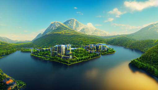 Modern innovative city in the nature, beautiful forest lake, mountain in the background, photorealistic, futuristic, ultra detail, bird's eye view, 4k