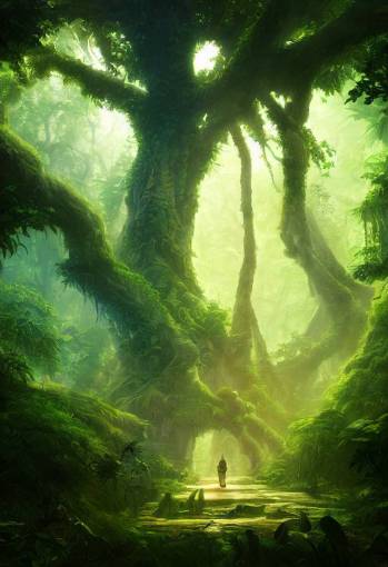 mysterious massive tree-shrine in the jungle, holy tree lush vegetation, dramatic lighinting, fantasy illustration by asher brown durand and studio ghibli and craig mullins
