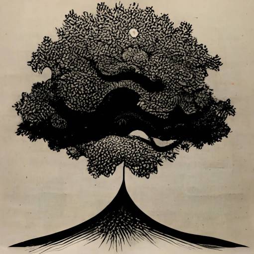 mystical existential surrealistic tree growing over time, black and white, pen and ink, in the style of Katsushika Hokusai