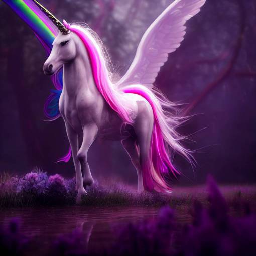 mystical winged unicorn with rainbow hair standing in a foggy swamp with pink and purple flowers, Unreal engine, Pixar, Dynamic lighting, hyper realistic, 8K, vivid, color unreal engine