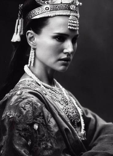 natalie portman as mongolian princess in the year 1900, old photograph, black and white, jeweled necklace, detailed, hyperreal, studio lighting, high definition, uhd,