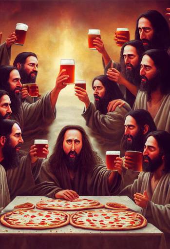 Nicolas Cage brings pizza and beer to the Last Supper, photorealistic, vivid