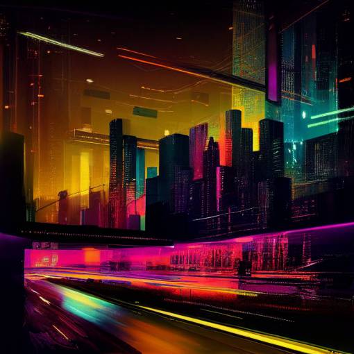 night photograph 30min exposure, cyberpunk cityscape, neon, echos of traffic moving