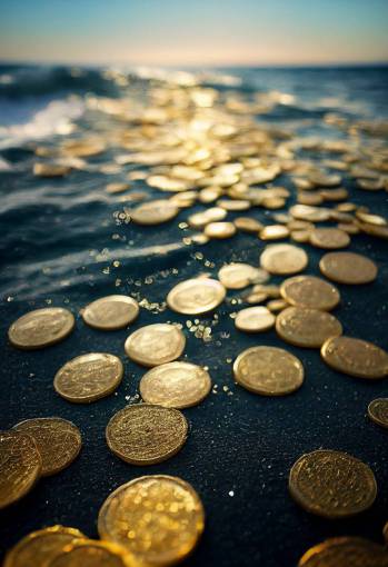 ocean coastline treasure beach made entirely of shimmering gold coins and doubloons