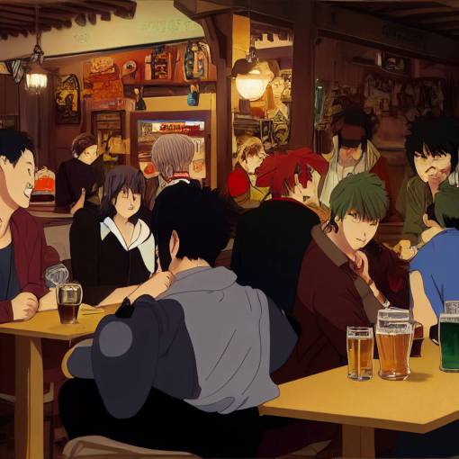 people sitting together, talking with each other, drinking beer, crowded pub in bavaria, anime, manga, studio ghibli, detailed, movie still, rich illustration, 8k