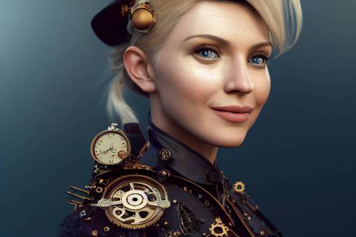 photo portrait of a beautiful Blonde female steampunk,smiling, photorealistic, v-ray lighting, hyper realistic, extremely detailed and intricate, center compostition, elegant, ultra detailed, vfx, unreal engine 5, octane render, extremely contrast, extremely sharp lines, 8k