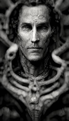 Photography of Matthew McConaughey , character design , HR giger style, horror, bio-mechanical, black and white, ultra resolution, ultra details, detailed skin, perfection, In frame, photo realistic, 3D, Ultra Realistic,8k rendered in octane f 5,6 + 55 mm, hdri, epic, cinematic lighting, unreal engine v5,