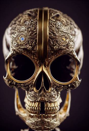 photorealistic, 24k gold and silver metal evil demon skull statue with large opal eyes and white opal teeth, intricate details, silver engraving, shiny, refective, symmetry, treasure photo, symmetrical, style by Giger, Helnwein,