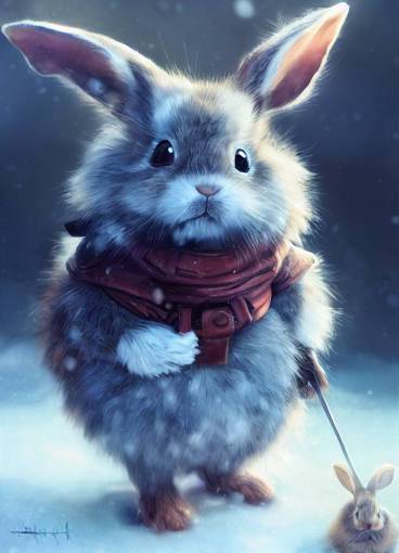 photorealistic anthropomorphic rabbit adorable cute fluffy, adventurer dressed in fantasy armor on snowy day background, jean - baptiste monge, full realism, wide angle, full body detail, dramatic lighting, hyper-realistic, ,