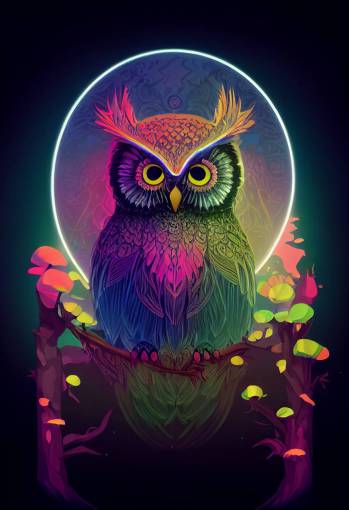photorealistic character design of an Owl, 3 sitting on a glowing rainbow throne with aura , on a isometric high gloss Poster , psychedelic with intricate magical forest Mushrooms in background, 2 tree of life, large blue moon, cosmic portal gateway 3rd eye, details, colorful, elaborate isometric neon, trippy border edge design symmetrical, highly detailed, ornate
