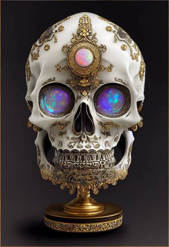 photorealistic, metal, colorful skull statue with large opal eyes and white opal teeth, intricate details, silver engraving, shiny, refective, symmetry, treasure photo, symmetrical, style by Faberg