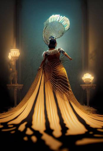 photorealistic, octane render, Cleopatra in ornate 1920s gown by Eiko Ishioka, lying down on a fainting couch, holding a peacock feather fan, volumetric lighting, bioluminescence, gradient, light from above, mandelbulb 3d fractal, treding on artstation, subtle gold accents, cinematic, realistic, octane render, High Contrast, 3D, Full-HD, insanely detailed and intricate, hypermaximalist, elegant, ornate, hyper realistic, super detailed by peter mohrbacher, by H.R. Giger. hyper detailed, insane details, intricate, elite, ornate, elegant, luxury, dramatic lighting, CGsociety, , golden ratio, environmental key art, octane render, weta digital, micro details, structure, ray trace, 4k, epic, gothic, dark, moody, rococo, Dali style,