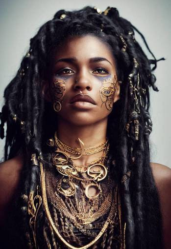 photorealistic portrait, a young beautiful black woman Tribal Warrior Queen with symmetical tribal ink tattoo's , realistic blue eyes and ethereal long flowing curly hair, intricate 24k gold metal skulls, crown, ornate Necklace, mask, magical, dreamy, photo, symmetrical,
