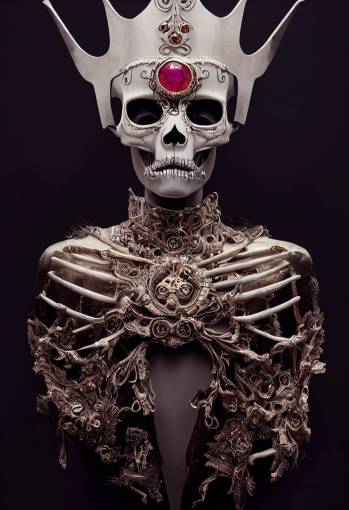 photorealistic portrait, a young beautiful Queen Goddess with brilliant red eyes, wearing Echo of Souls Skull Mask armor, skeletal armor bones made from 24k gold and silver metal intricate scroll-work engraving details on armor plating, skeletal armor, ruby gemstones, opals, halo, aura, intricate details, symmetrical,