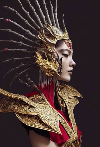 photorealistic portrait, a young beautiful woman Goddess wearing Echo of Souls Chinese dragon Mask armor, skeletal armor bones made from 24k gold and silver metal intricate scroll-work engraving details on armor plating,red armor, ruby gemstones, opals, halo, aura, intricate details, symmetrical,
