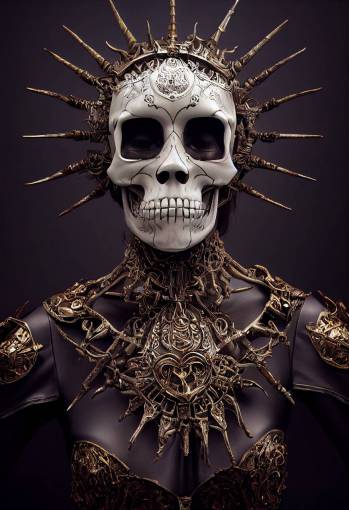 photorealistic portrait, a young beautiful woman Goddess wearing Echo of Souls Skull Mask armor, skeletal armor bones made from 24k gold and silver metal intricate scroll-work engraving details on armor plating, skeletal armor, gemstones, opals, halo, aura, intricate details, symmetrical,