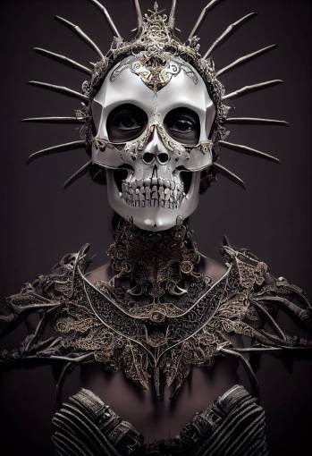 photorealistic portrait, a young beautiful woman Goddess wearing Echo of Souls Skull Mask armor, skeletal armor bones made from 24k gold and silver metal intricate scroll-work engraving details on armor plating, skeletal armor, gemstones, opals, halo, aura, intricate details, symmetrical,