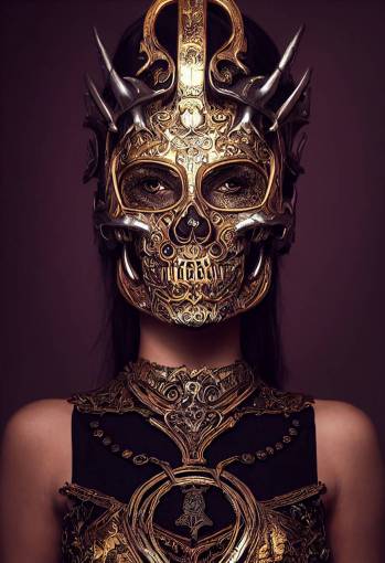 photorealistic portrait, a young beautiful woman Goddess wearing Echo of Souls Skull Mask armor, 24k gold and silver metal intricate scroll-work engraving details on armor plating, halo, aura, gemstones, opals, intricate details, symmetrical,