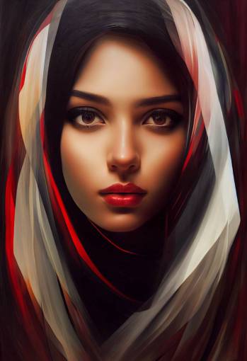 photorealistic Portrait of a beautiful arab female face fused with abstract lines. Black, white and red tones. Dynamic shot. Glim lighting. Highly detailed. Halation. Highly realistic. Cinematic shot. Surrealism. Artwork by rembrandt