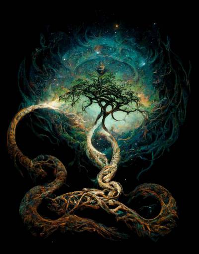 photrealistic, Odin hung on Yggdrasil, the universe as the background, a serpent circling the bottom of the tree,