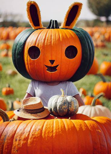 pi?ar style cute happy bunny in a straw hat sits on a large pumpkin in the background of a pumpkin garden, anthropomorphic, dramatic lighting portrait wide angle, full body detail, photorealistic portrait
