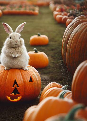 pi?ar style cute happy bunny sits on a large pumpkin in the background of a pumpkin garden, anthropomorphic, dramatic lighting portrait wide angle, full body detail, photorealistic portrait