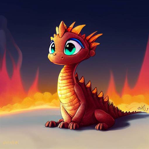pixar style, cute little fire dragon, volcano background