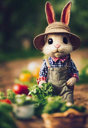 Pixar style rabbit, cute adorable tiny happy little rabbit peasant, dressed in overalls, checkered shirt, straw hat, long ears, equipped with farmer gear, in garden full of vegetables, Jean-Baptiste Monge, anthropomorphic, dramatic lighting, 8k, portrait