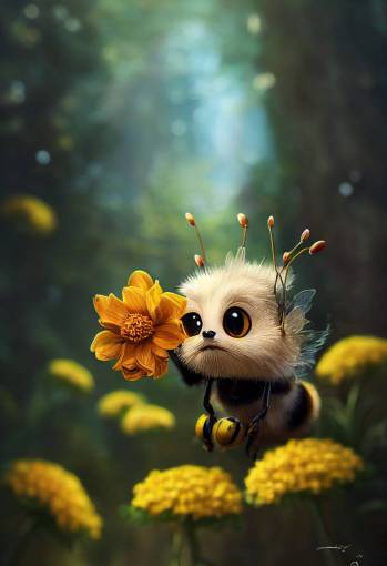 Pixar Style, Tiny cute and adorable Bee sitting over a flower, inside a fantasy forest, anthropomorphic, in the style of jean - baptiste monge, disney, trending on artstation, dramatic lighting, fine details, photo realistic, cinematic, intricate details, cinematic lighting, sharp focus, Bokeh blur