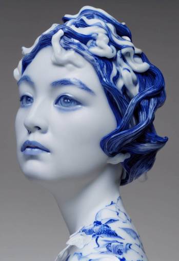 porcelain, blue and white, glazed, fine china, hair sculpture