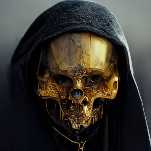 portrait grim reaper cyber, hood, skull, bones, close-up, cinematic, ultra details, shiny gold and black armor, intricate details, hyperrealism, metalic details, octane render, pastel light, by moebius, 4k, 8k, ray tracing, scary