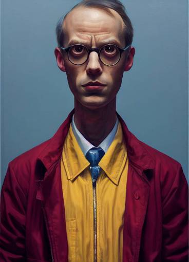 portrait of a man questioning his reality, painting by Daniel Clowes and Simon Stalenhag and JC Leyendecker, oil on canvas,