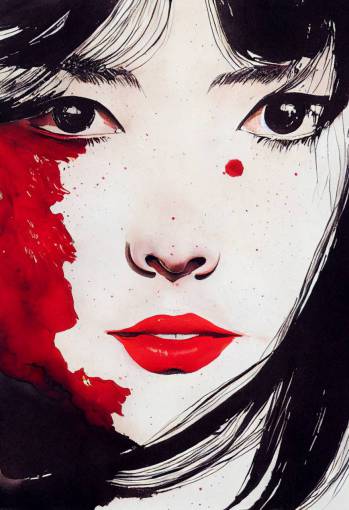 portrait of a smiling beautiful girl, red lipstick, black hair, white skin, painted by Milo Manara, water color painting