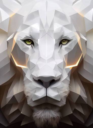 Portrait of a white lion made of shells, iridescent sharp edges, symmetric face, high details, very realistic, diffuse light, 8k render,