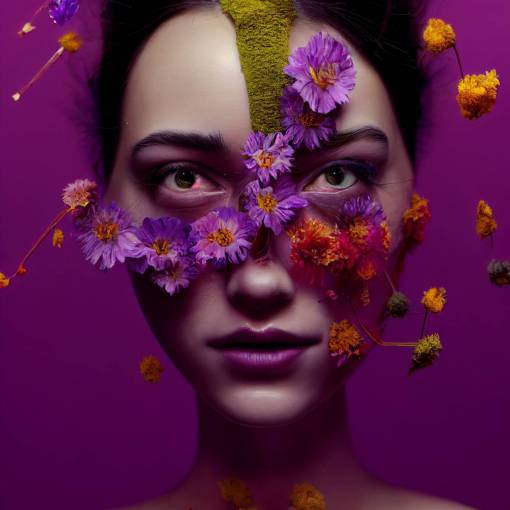 portrait of a woman made entirely out of different flowers, skin covered and made from petals and small flowers and moss, hair and clothes are made from larger exotic flowers, photorealistic, cinematic lighting, high detail, 8k, octane render