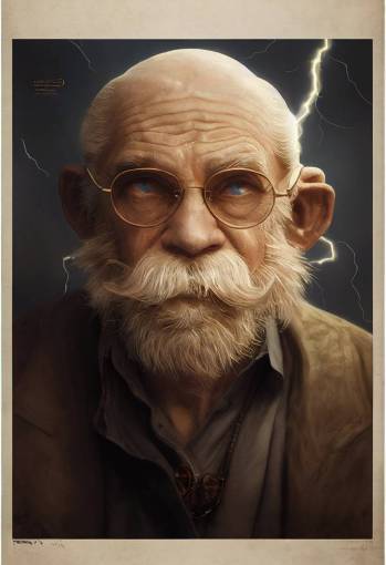 portrait of an elderly fire wizard with wave beard and mustache wearing a miltary nautical hat, wrinkles, old age, highly detailed face and stage 6 baldness and round eyeglasses, golden ratio, movie poster composition, dramatic lighting, cinematic lightning, soft shading, hard shadows, rim lighting, library background, Peter Mohrbacher, Alphonse Mucha, Brian Froud, James Jean