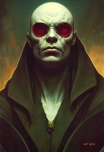 Portrait of bald necromancer, movie poster composition, dramatic lighting, soft shading, hard shadows, highly detailed face, red rim lighting, graveyard background, Peter Mohrbacher, Alphonse Mucha, Brian Froud, James Jean