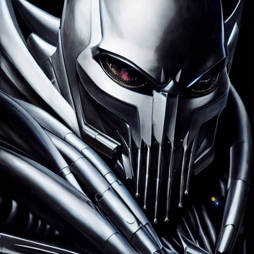 portrait of Batman Venom as chrome genetically-augmented post-human adeptus-mechanicus, ultra details, shiny platinum, + Giger, pastel light + Intricate Details, Hyperrealism, polished metallic details, unreal engine, 3d, reflections + by Alfonse Mucha and Moebius