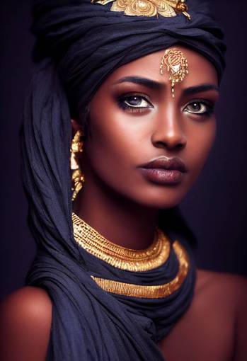 portrait of beautiful tribal goddess of sand, blue eyes, dark skin, dark headscarf, intricate gold jewellery, black background