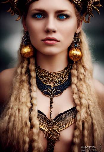 portrait of beautiful viking goddess of the sea, green eyes, brown skin, blond hair, intricate gold jewellery, black background