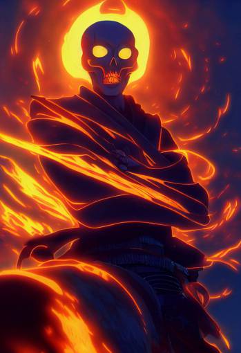 portrait of ghost rider-samurai overlord. From Naruto orange light and blue light in the style of Makoto Shinkai 4k, q2,
