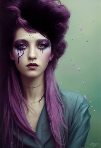 portrait of Victorian 80s punk woman with purple hair, splash of pastel colors, Tom bagshaw