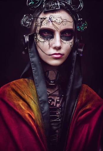 portrait photo cyberpunk gothic religious freaks carnivale circuitry fashion, arabesque tears crying, cinematic lighting photorealistic sony alpha ?7